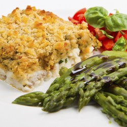 cod fish with crispy breadcrumbs and asparagus